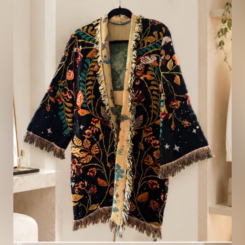 Handmade Moon Phases/Floral Tapestry Fringe Kimono Jacket -